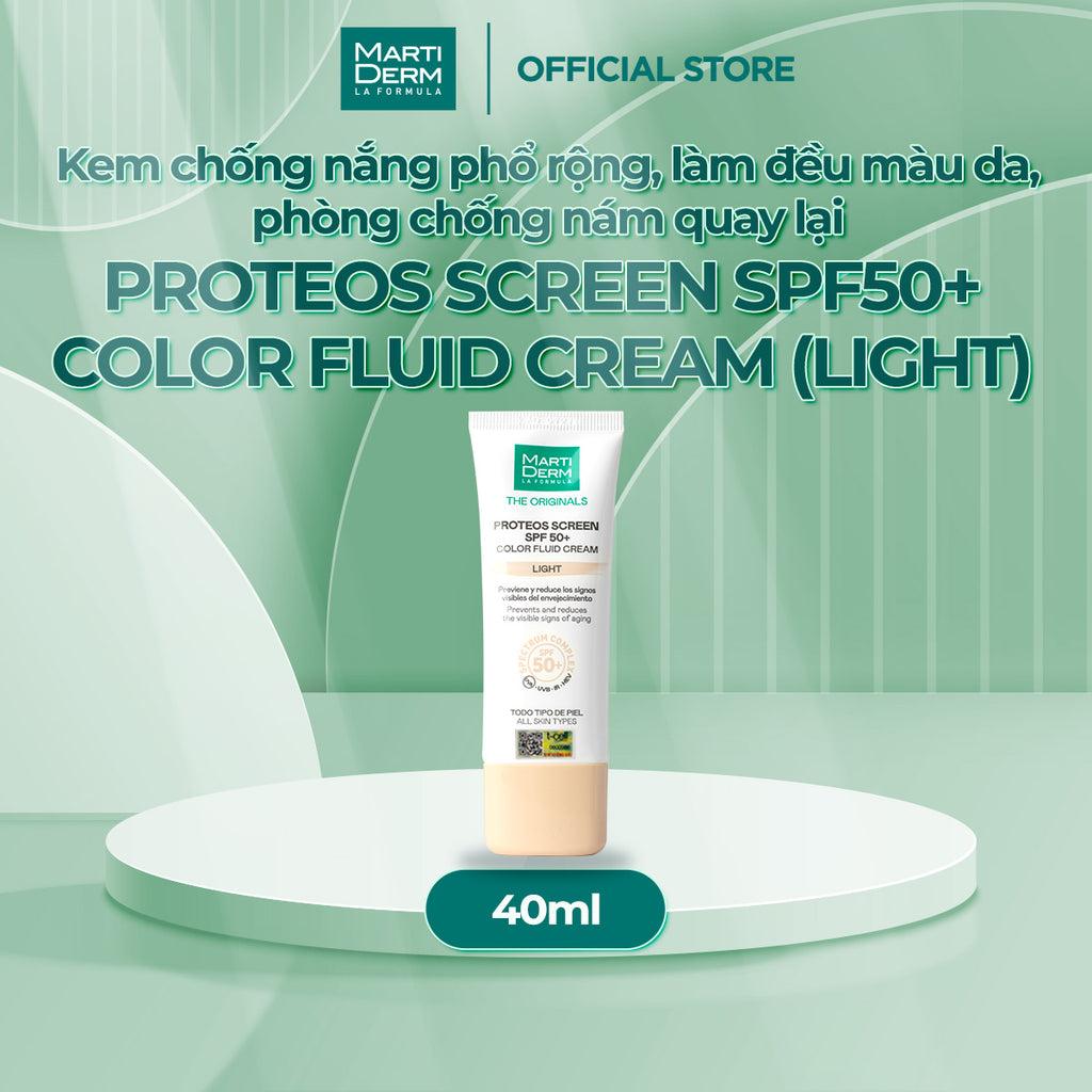 Kem Chống Nắng Phổ Rộng, Làm Đều Màu Da, Ngừa Lão Hoá, Phòng Chống Nám Quay Lại - MartiDerm The Originals Proteos Screen SPF50+ Color Fluid Cream (Light) (40ml)