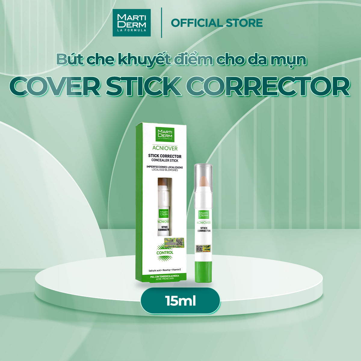Bút Che Khuyết Điểm & Làm Giảm Mụn - MartiDerm Acniover Cover Stick Corrector (15ml)