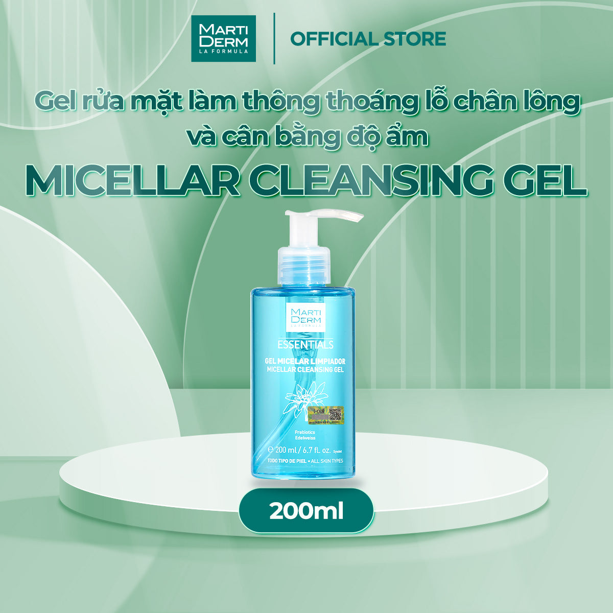 Gel Rửa Mặt Dịu Nhẹ Cho Mọi Loại Da - MartiDerm Essentials Micellar Cleansing Gel (200ml)