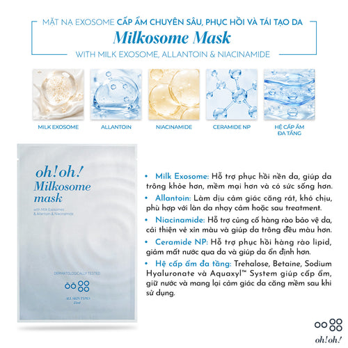 Mặt Nạ Exosome Cấp Ẩm Chuyên Sâu, Phục Hồi Và Tái Tạo Da oh!oh! Milkosome Mask (with Milk Exosomes & Niacinamide) (25ml x 10 miếng)