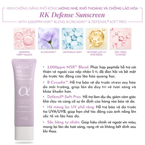 Kem Chống Nắng Phổ Rộng Mỏng Nhẹ, Khô Thoáng Và Chống Lão Hóa oh!oh! RK Defense Sunscreen (with 3,000ppm MSR™ Blend) (45g)