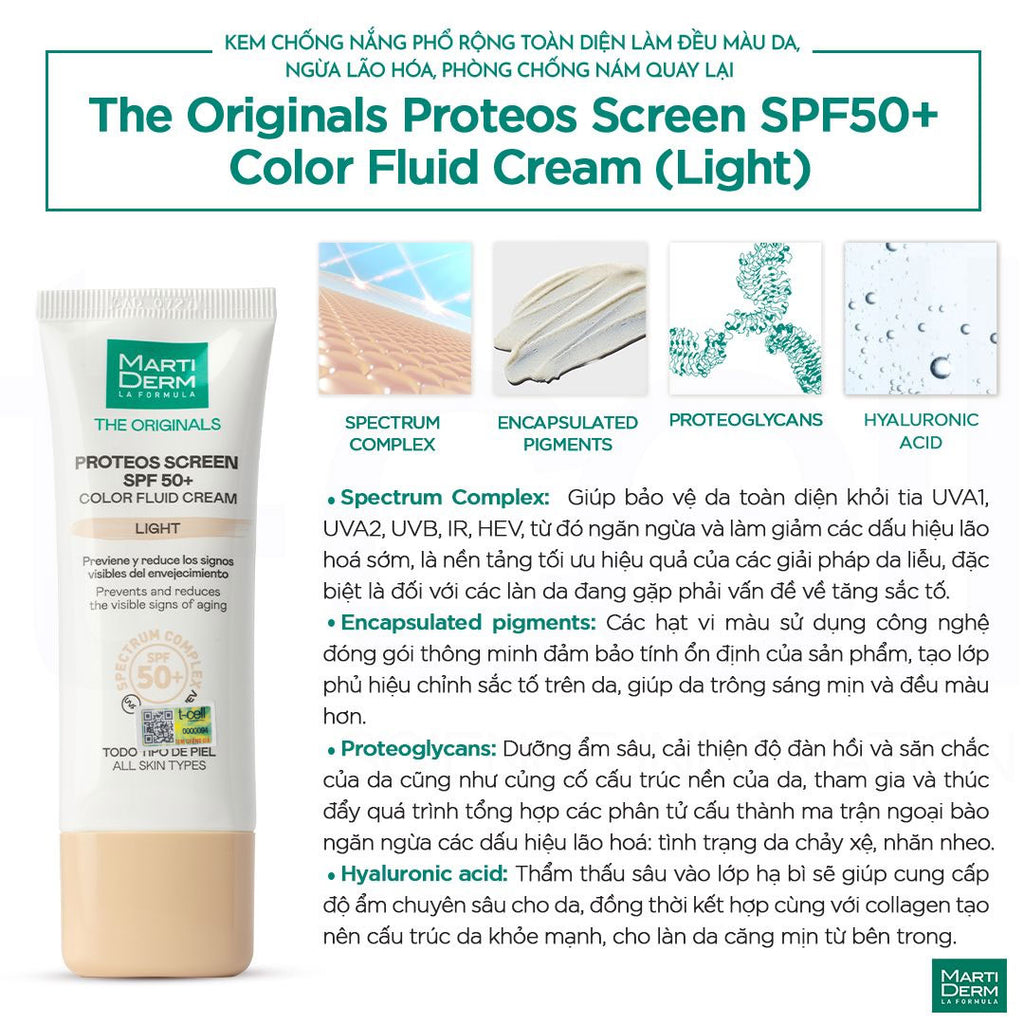 Kem Chống Nắng Phổ Rộng, Làm Đều Màu Da, Ngừa Lão Hoá, Phòng Chống Nám Quay Lại - MartiDerm The Originals Proteos Screen SPF50+ Color Fluid Cream (Light) (40ml)