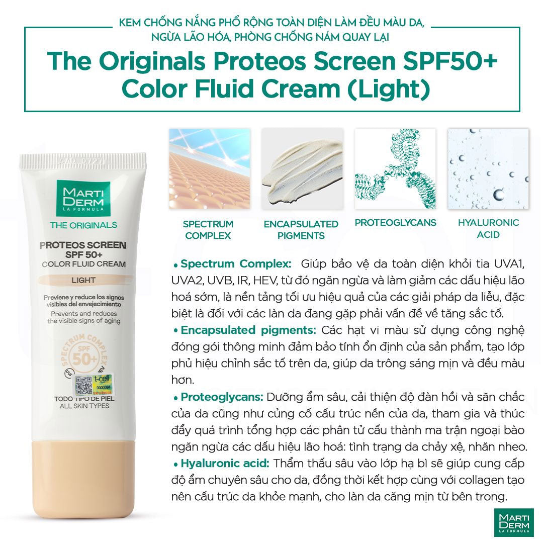 Kem Chống Nắng Phổ Rộng, Làm Đều Màu Da, Ngừa Lão Hoá, Phòng Chống Nám Quay Lại - MartiDerm The Originals Proteos Screen SPF50+ Color Fluid Cream (Light) (40ml)
