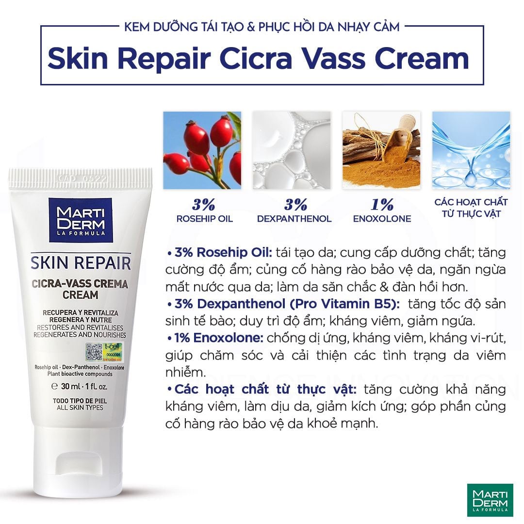 Kem Dưỡng Tái Tạo & Phục Hồi Da Nhạy Cảm - MartiDerm Skin Repair Cicra Vass Cream (30ml)