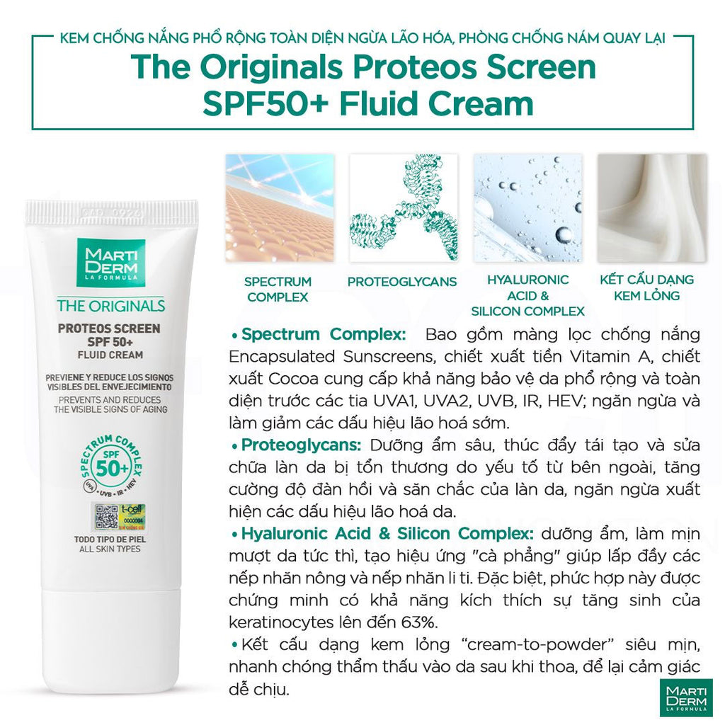 Kem Chống Nắng Phổ Rộng Toàn Diện, Ngừa Lão Hóa, Phòng Chống Nám Quay Lại - MartiDerm The Originals Proteos Screen SPF50+ Fluid Cream (40ml)