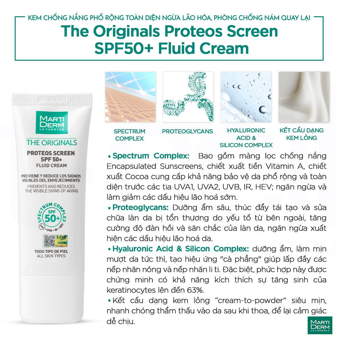 Kem Chống Nắng Phổ Rộng Toàn Diện, Ngừa Lão Hóa, Phòng Chống Nám Quay Lại - MartiDerm The Originals Proteos Screen SPF50+ Fluid Cream (40ml)