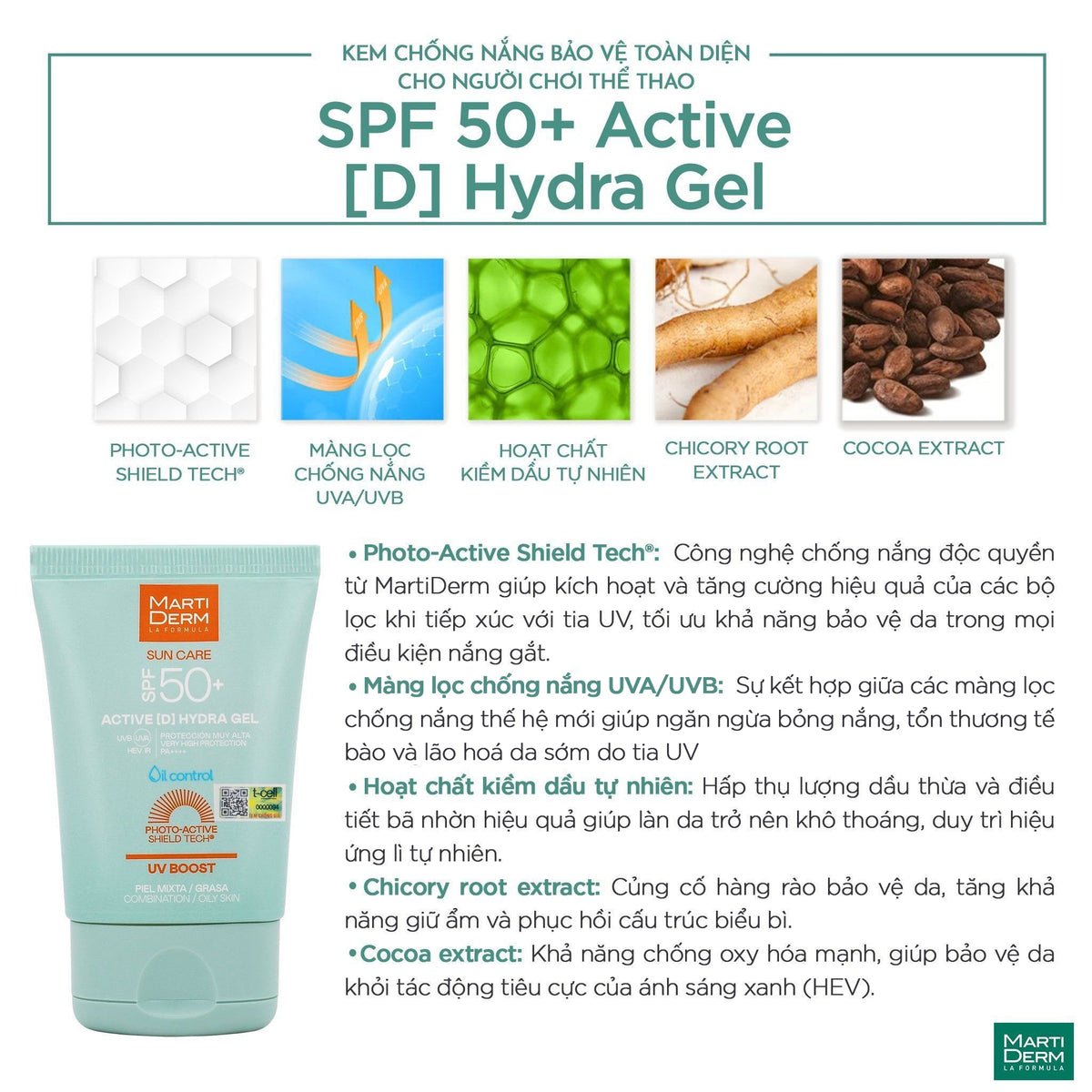Kem Chống Nắng Bảo Vệ Toàn Diện Cho Người Chơi Thể Thao - MartiDerm SPF 50+ Active [D] Hydra Gel (50ml)