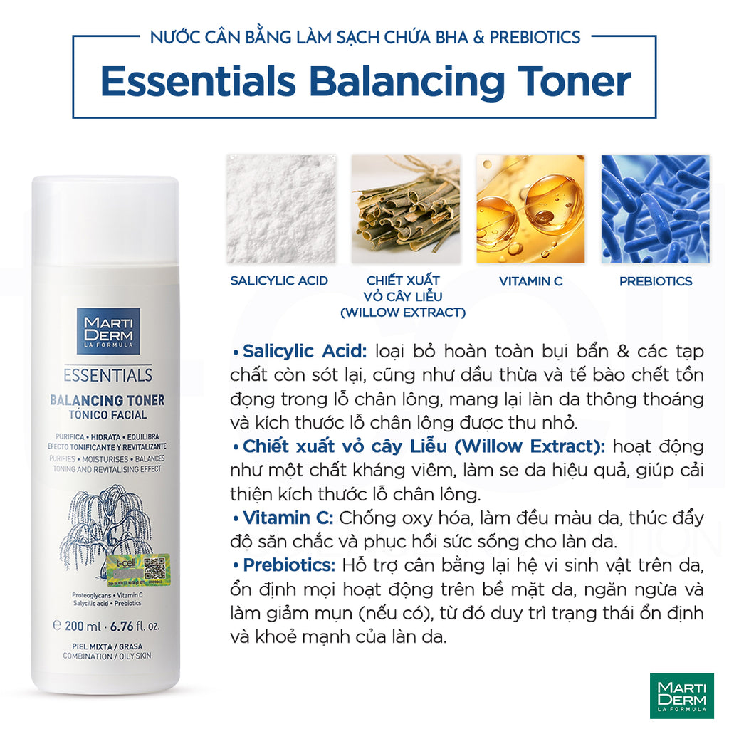 Nước Cân Bằng Làm Sạch Chứa BHA & Prebiotics - MartiDerm Essentials Balancing Toner (200ml)