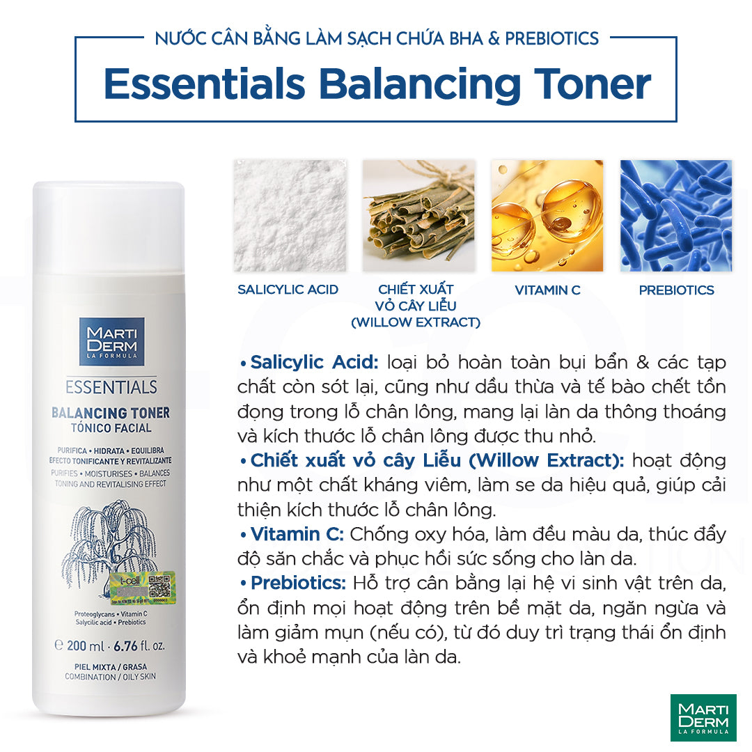 Nước Cân Bằng Làm Sạch Chứa BHA & Prebiotics - MartiDerm Essentials Balancing Toner (200ml)