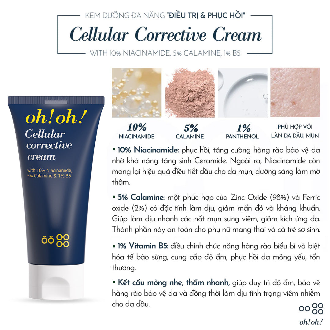 Kem Dưỡng Phục Hồi Da Tổn Thương oh!oh! Cellular Corrective Cream (with 10% Niacinamide, 5% Calamine, 1% B5) (30ml)