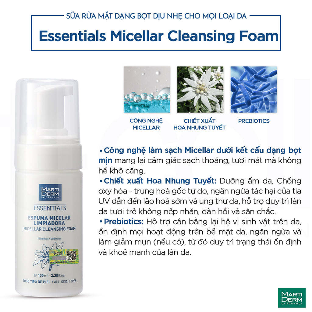 Sữa Rửa Mặt Dạng Bọt Dịu Nhẹ Cho Mọi Loại Da - Martiderm Essentials Micellar Cleansing Foam (100ml)