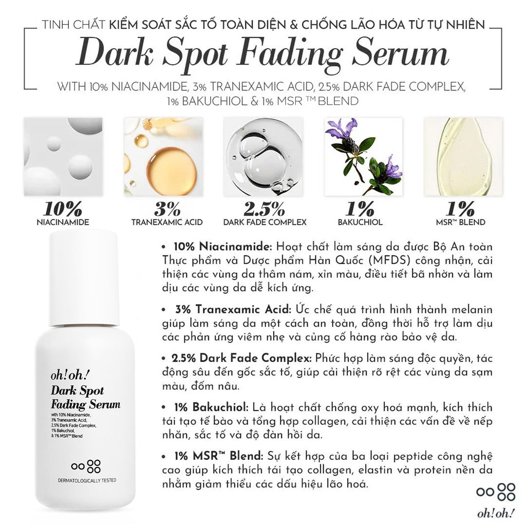 Tinh Chất Kiểm Soát Sắc Tố Toàn Diện & Chống Lão Hóa Từ Tự Nhiên oh!oh! Dark Spot Fading Serum (with 3% Tranexamic Acid) (30ml)