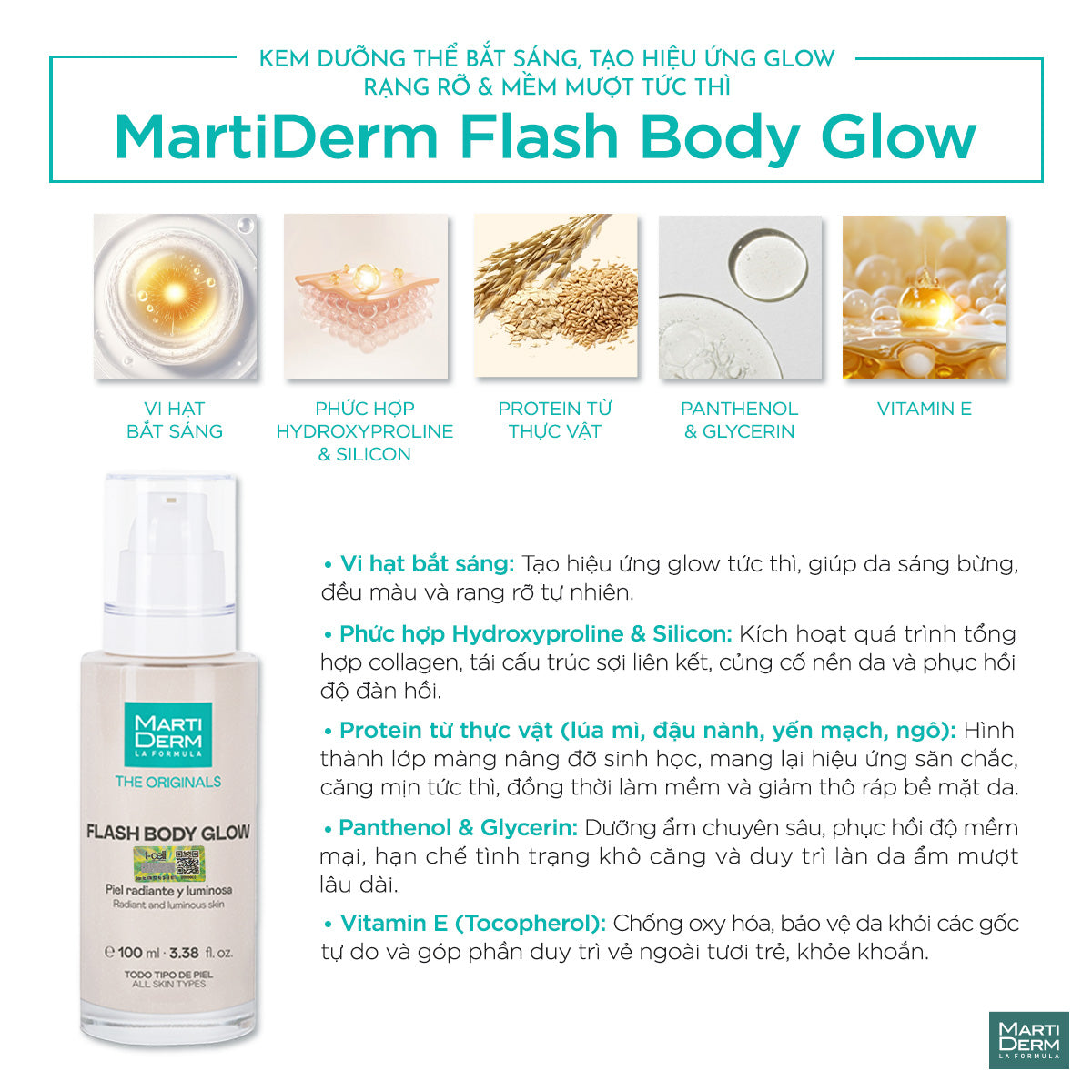 Kem Dưỡng Thể Bắt Sáng, Tạo Hiệu Ứng Glow Rạng Rỡ & Mềm Mượt Tức Thì - MartiDerm Flash Body Glow (100ml)