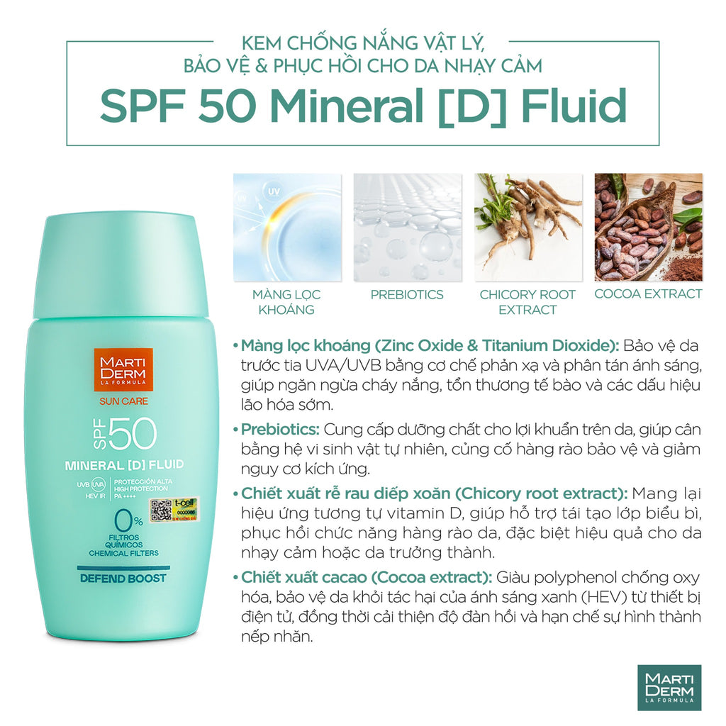 Kem Chống Nắng Vật Lý, Bảo Vệ & Phục Hồi Cho Da Nhạy Cảm - MartiDerm SPF 50 Mineral [D] Fluid (50ml)
