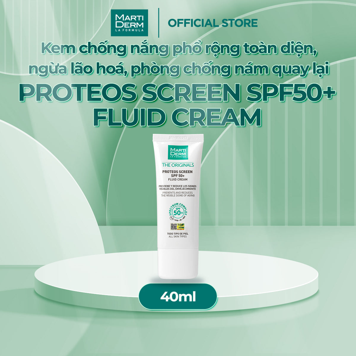 Kem Chống Nắng Phổ Rộng Toàn Diện, Ngừa Lão Hóa, Phòng Chống Nám Quay Lại - MartiDerm The Originals Proteos Screen SPF50+ Fluid Cream (40ml)