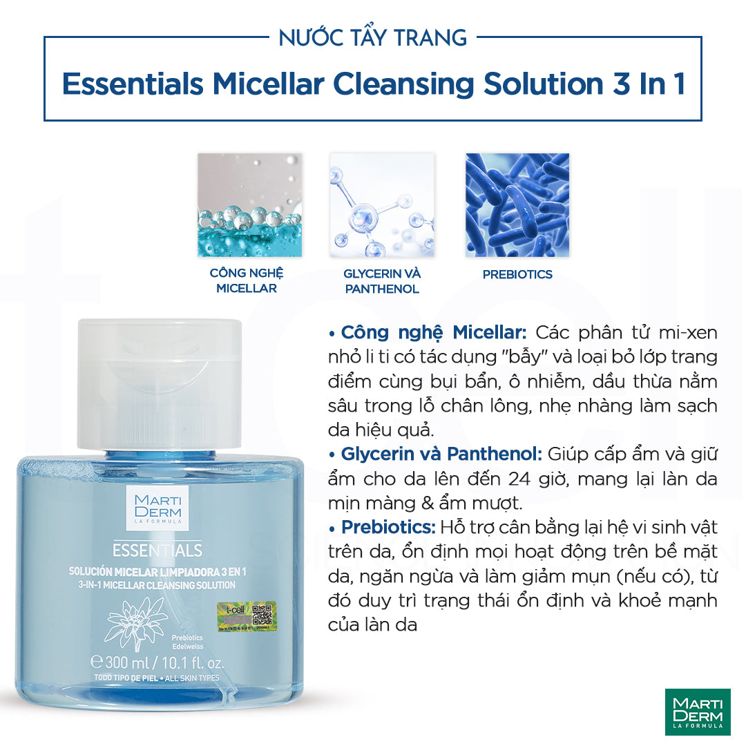 Nước Tẩy Trang Làm Sạch Sâu 3 trong 1 - MartiDerm Essentials Micellar Cleansing Solution 3 In 1 (300ml)